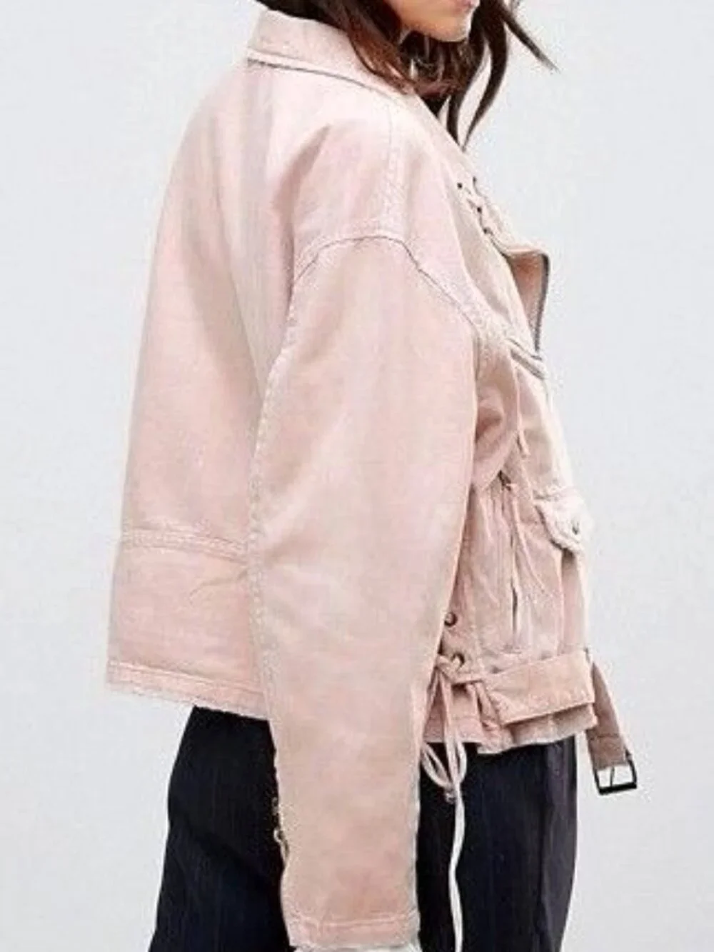 Free People Oversized Denim Pink Moto Jacket - Picture 5 of 11